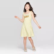 4-16岁澳女孩中大童，肩带蝴蝶结黄白条纹，背心连衣裙夏装