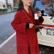 反季高端红色双面羊绒，大衣中长款2023赫本风宽松毛呢外套女