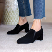法式复古2024女鞋黑色中跟粗跟磨砂羊皮圆头优雅工作单鞋舒适