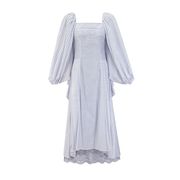 蓝白条纹蝙蝠袖长裙气质，名媛风方领裙子旅游穿搭秋季连衣裙