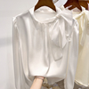 2023韩国气质纯色立领欧根纱系带钉珠套头长袖雪纺衬衫女春季