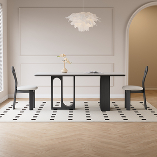 意式岩板餐桌家用小户型，设计师饭桌椅法式复古风黑色实木餐桌