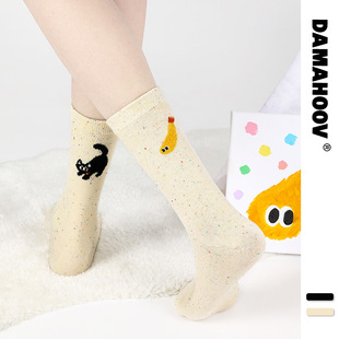 DAMAHOOV秋季原创设计感袜子女时尚个性插画ab版纯色中筒袜