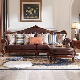 美式实木沙发真皮转角沙发组合欧式奢华四人位沙发L型简约贵妃椅
