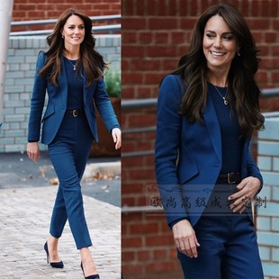 高级定制凯特王妃同款通勤商务蓝色羊毛西装套装九分裤修身时尚春