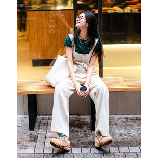 美洋meiyang茶米背带裤，色织牛仔棉日系文艺，复古工装连体长裤