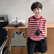 男童背心夏季薄款2024韩版条纹，圆领儿童无袖，t恤男宝宝夏装潮
