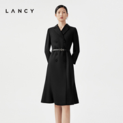 lancy朗姿春季黑色长袖羊毛，裙子中长款职业，气质西装连衣裙女