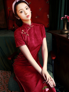 红色旗袍2023年改良复古中国风高级感气质优雅长款连衣裙显瘦