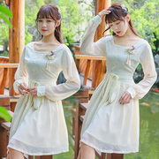 6850纯色小清新女装长袖连衣裙夏季国风刺绣坦领汉元素两件套