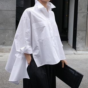 春夏装白色衬衫，女韩版宽松大码斗篷型长袖不规则衬衣时尚上衣
