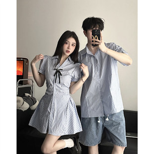 小众设计感情侣装夏季韩版短袖衬衫男女连衣裙，法式一裙一衣ins潮