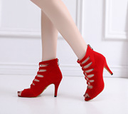 女式软底红色短靴子鱼嘴高跟跳舞拉丁舞鞋，黑色舞蹈鞋系带透气