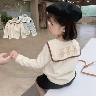 女童娃娃领上衣春秋装，韩版儿童卡通长袖t恤女宝宝条纹打底衫