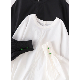 特 轻中式 绿色玉扣 黑白爱琴海女款套头圆领宽松中长棉衬衫52599