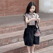 韩系童装2024夏季女孩文艺风(文艺风)短袖，polo领上衣时髦阔腿短裤套装