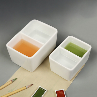弥墨景德镇瓷器白瓷笔洗圆形方形，陶瓷水洗调色盘，颜彩颜料用三格大笔洗