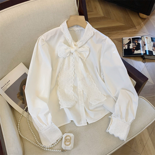 白色蝴蝶结雪纺衬衫2024年春季女装娃娃领设计感长袖上衣春装