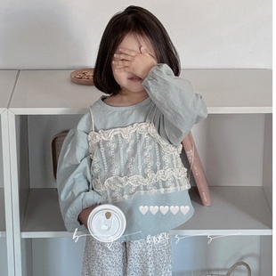 韩系女童假两件娃娃衫蕾丝花边吊带衬衫碎花裤套装2024年春装