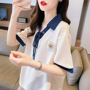 华夫格短袖t恤女夏季韩版宽松大码女装小个子，假两件撞色翻领上衣