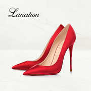 lanation红色绸缎红底高跟鞋优雅气质浅口尖头细跟法式12cm单鞋