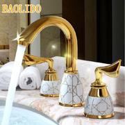 欧式金色三孔面盆水龙头，冷热分体式浴室，双把陶瓷套装卫生间洗脸盆