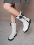 女童鞋子儿童长筒靴2023秋冬季小女孩白色单靴演出高筒靴公主皮靴
