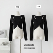 sun11黑色镂空针织衫女秋季设计感薄款套头毛衣法式修身短