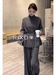 RIXO EXIT法式秋季高级气质小香风束腰上衣名媛针织长裤两件套装