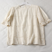 重工镂空花朵刺绣套头圆领衬衫，女夏季温柔米色，套头短袖仙女娃娃衫