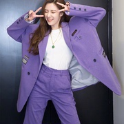 韩国东大门 宋妍霏明星同款灯芯绒紫色oversized西装套装高腰长裤
