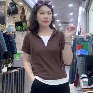 女士带帽t恤短袖2024夏季休闲小众韩版时尚，百搭显瘦洋气上衣