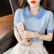 夏季韩版条纹娃娃领短袖，冰丝针织衫女薄款别致小个子减龄上衣