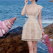 越南小众品牌连衣裙2023年夏季高级刺绣镂空花朵，小礼服短裙子
