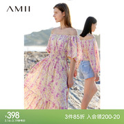 amii2023夏度假(夏度假)风，方领一字领泡泡袖，束腰大a裙摆碎花连衣裙