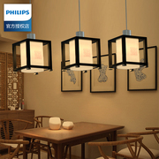飞利浦吊灯中式实木餐厅灯书房，吧台灯具忆凝中国风古典三头木艺灯