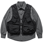 假两件长袖衬衫外套男山系机能，夹克多口袋马甲拼接设计感衬衣