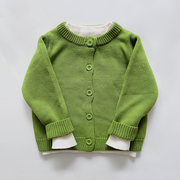 日系春秋小厚款儿童男，女童宝宝草绿色纯棉线，针织圆领毛衣开衫外套