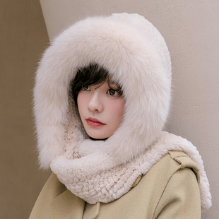 獭兔毛编织风雪帽全包型围巾帽子一体冬季保暖加厚狐狸毛围脖女帽
