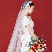 蕾丝珍珠花朵单层素纱民族风新娘头纱白婚纱礼服头饰3米长款