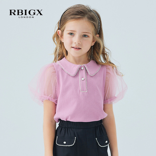 rbigx瑞比克童装2024夏季女童，t恤纯棉网纱泡泡袖短袖polo衫