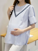 孕妇夏装短袖t恤时尚条纹，体恤上衣韩版宽松百搭纯棉中长款衬衫