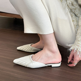 elingstudio春日舒适感!白色，皱褶尖头半拖鞋，女春季低粗跟平底鞋