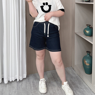 夏装休闲五分裤女200斤胖mm大码女装松紧腰显瘦遮跨阔腿牛仔短裤