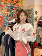 大码甜美可爱草莓娃娃，领衬衫上衣女秋季韩版宽松白色长袖上衣