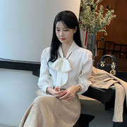 时尚起义韩国甜美2024春新优雅飘带复古包布扣衬衫lh24010802