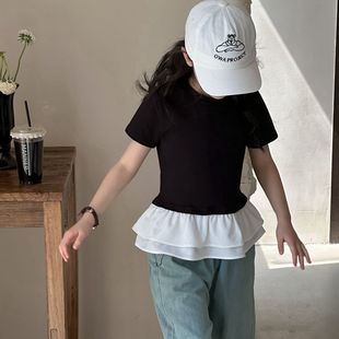 韩系女童雪纺拼接短袖t恤黑白，上衣小童夏装，天丝牛仔阔腿裤套装