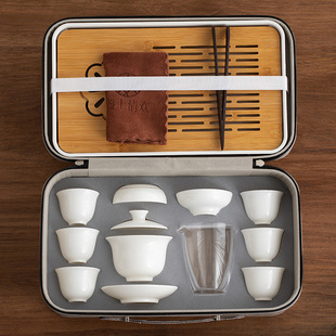 羊脂玉旅行功夫茶具套装家用陶瓷，盖碗茶杯整套便携式轻奢德化白瓷