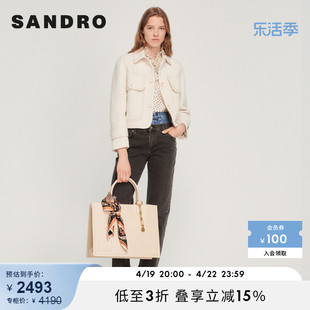 sandrooutlet女装法式复古粗花呢，白色短款翻领外套sfpou00450