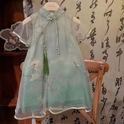 小女孩儿童夏季装新中式国风流苏吊坠盘扣绿色短袖网纱旗袍连衣裙